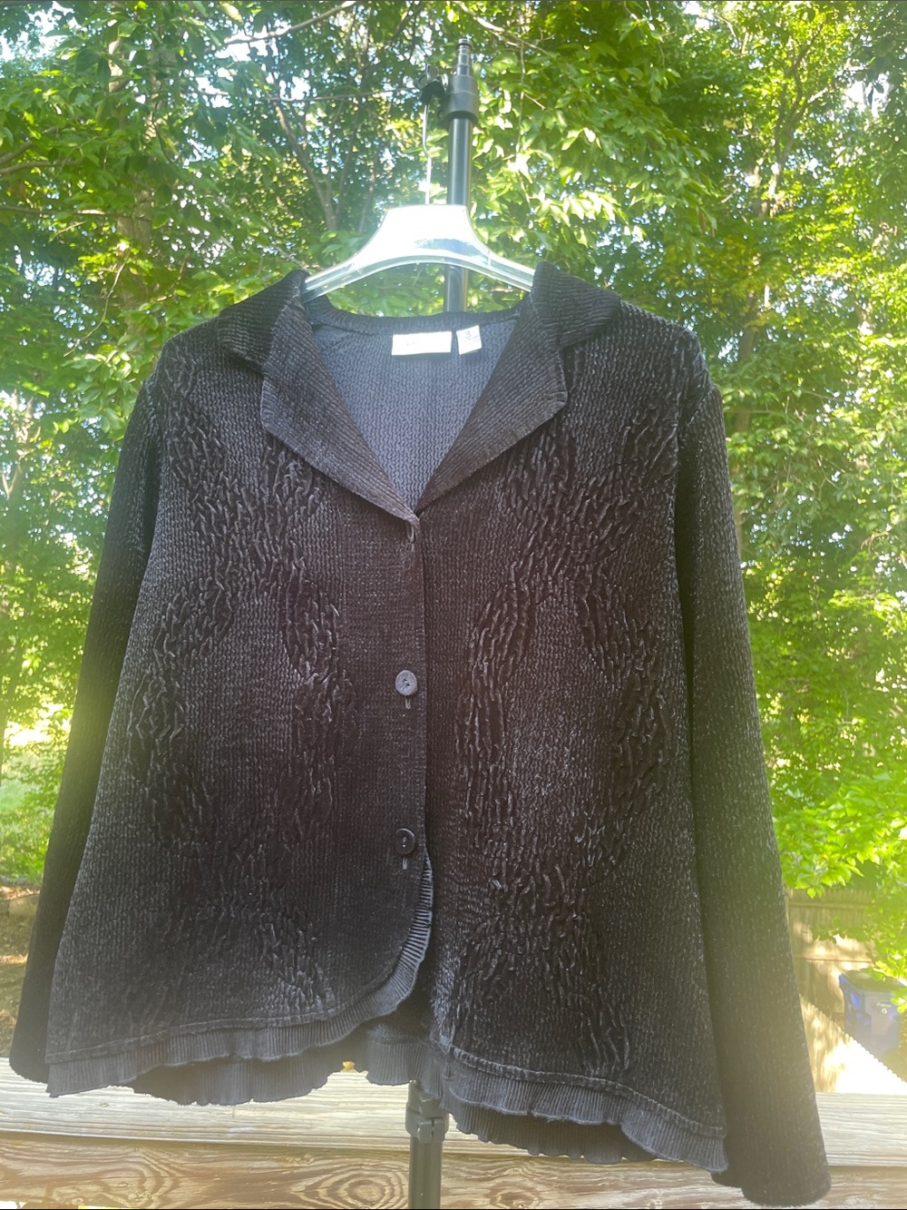 CHICOS Sz 3 Elegant Black Women's Cardigan Jacket PREWORN Pit to Pit 23 1/2"